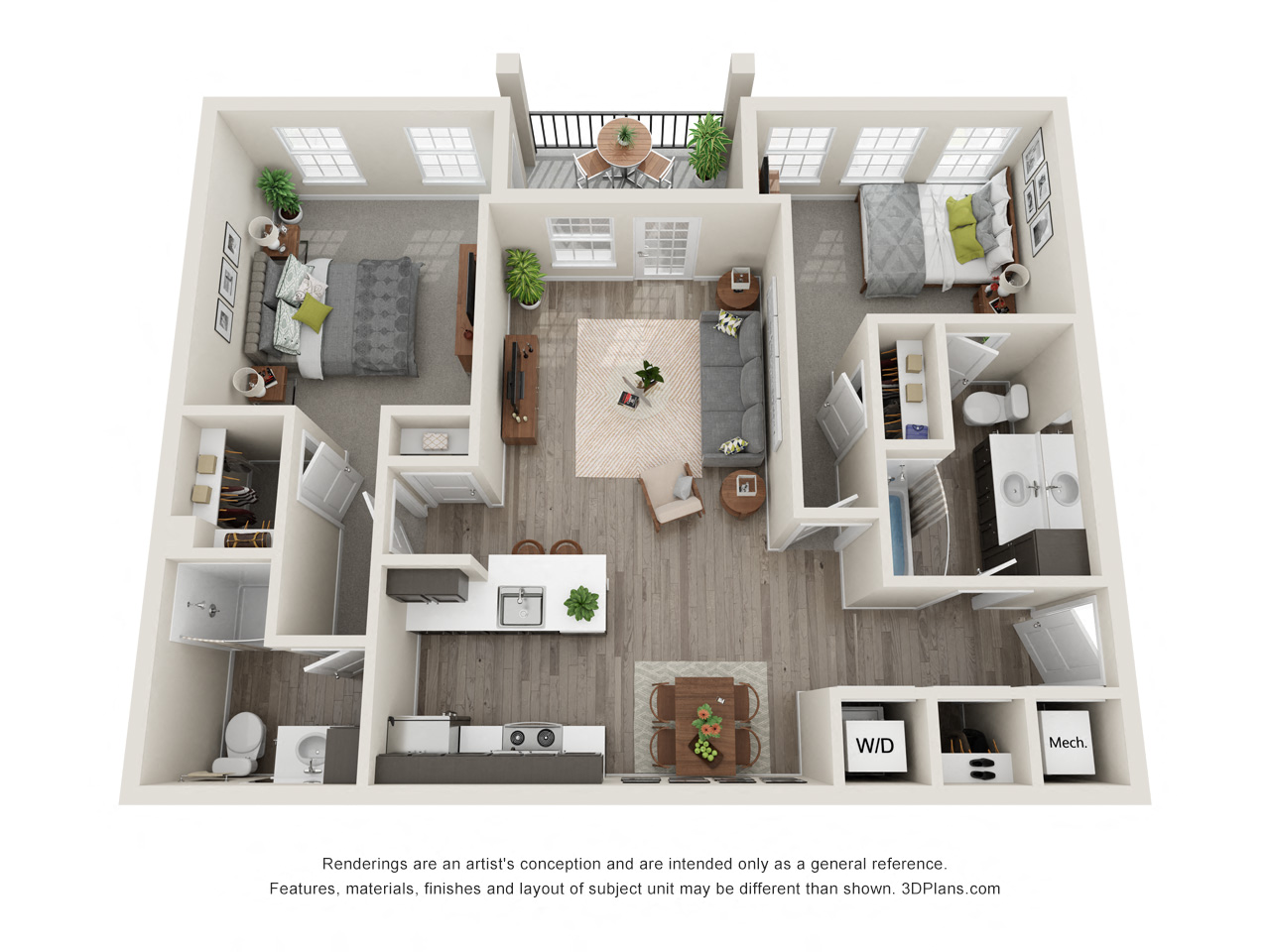 Floor plan for 2 beds, 2 baths, 997 sqft